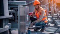 HVACR Technician wearing an orange hard hat and safety vest.