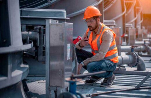 HVACR Technician wearing an orange hard hat and safety vest.