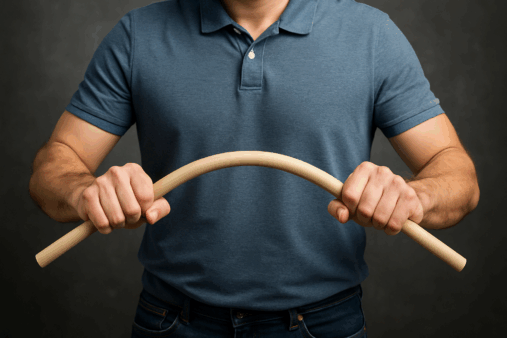 Photorealistic image showing a man’s torso from chest to hips, gripping a wooden dowel with both hands and bending it to illustrate the concept of strength through flexibility — “bend, don’t break.”