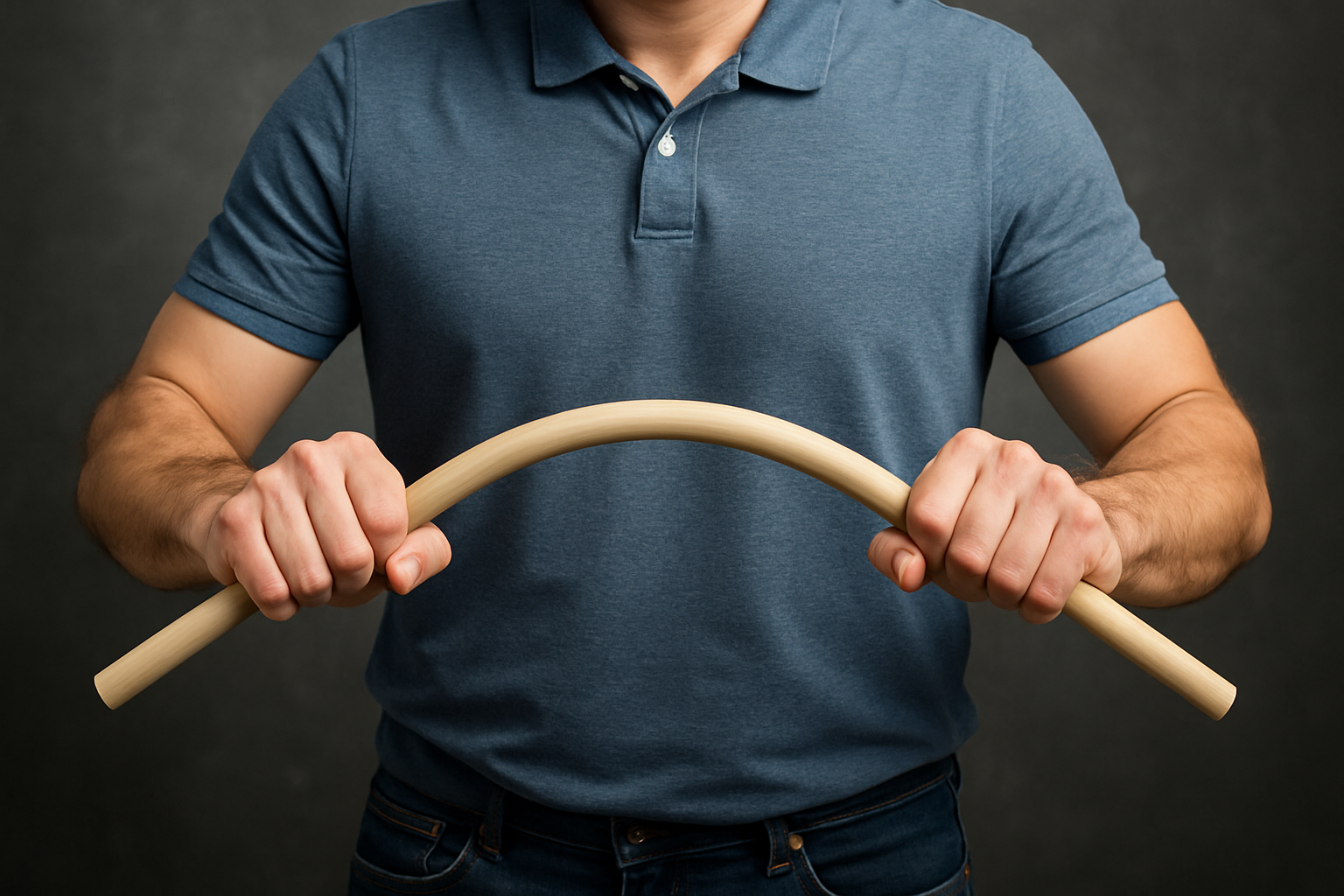 Photorealistic image showing a man’s torso from chest to hips, gripping a wooden dowel with both hands and bending it to illustrate the concept of strength through flexibility — “bend, don’t break.”