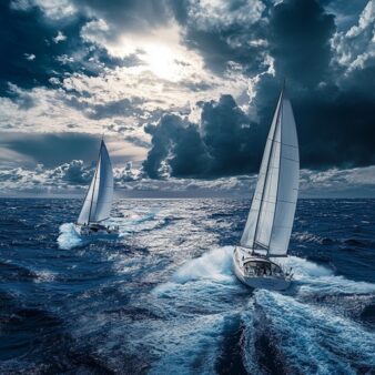 midyear planning for hvacr distributors is like two sailboats cutting through choppy blue water under a dramatic, cloud-filled sky, leaving zigzag wakes behind them — symbolizing adaptability and steady navigation through changing conditions.