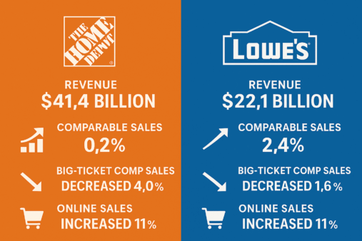 Infographic comparing Home Depot and Lowe’s Q3 2025 results, showing revenue, comparable sales, big-ticket performance, and online sales growth.