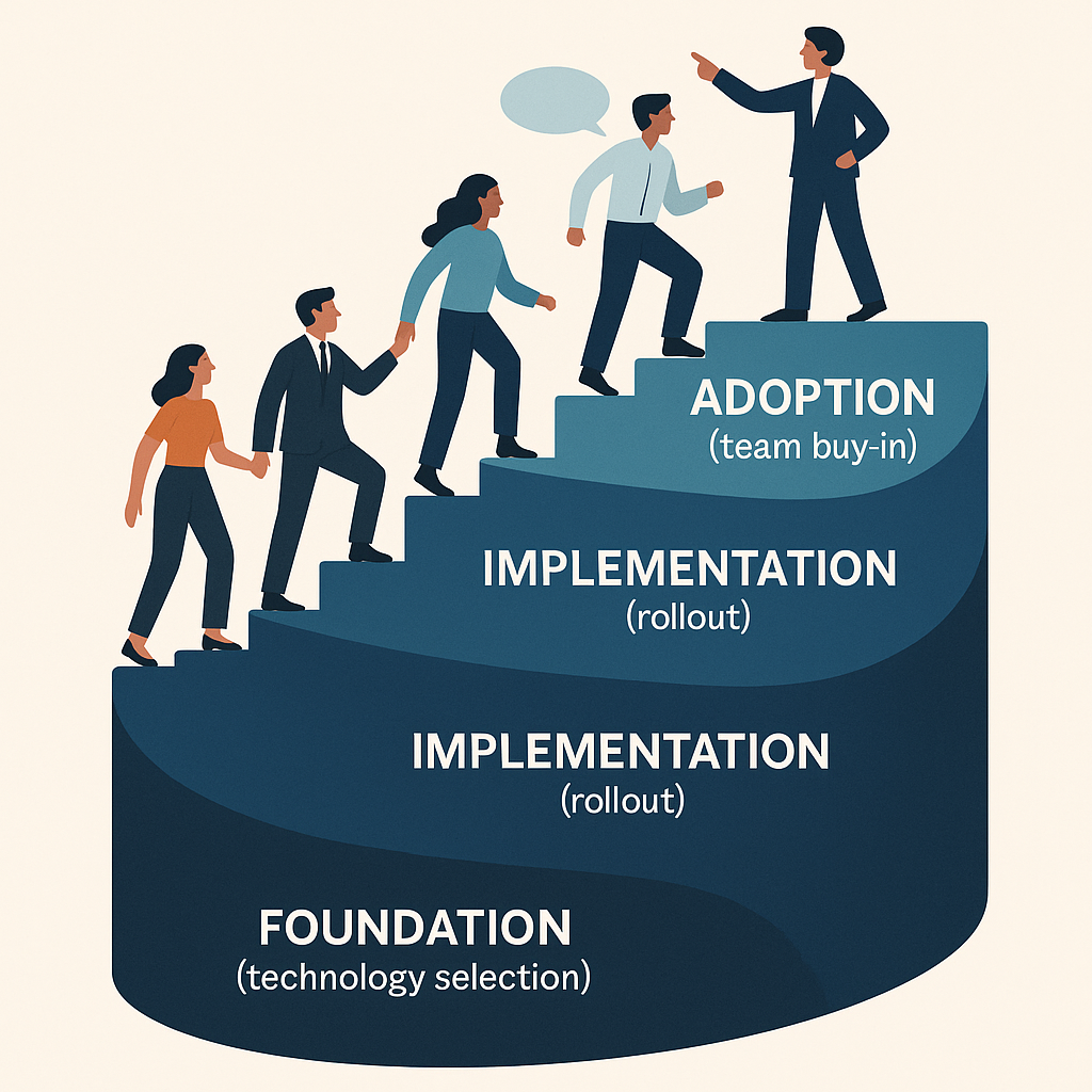 AI adoption in distribution showing leader at top of staircase guiding team through transformation stages from foundation technology selection through implementation rollout to team buy-in