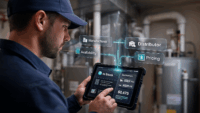 HVAC contractor in home mechanical room using tablet with real-time product data overlay.