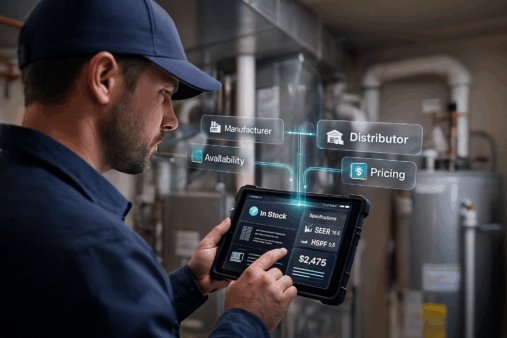 HVAC contractor in home mechanical room using tablet with real-time product data overlay.