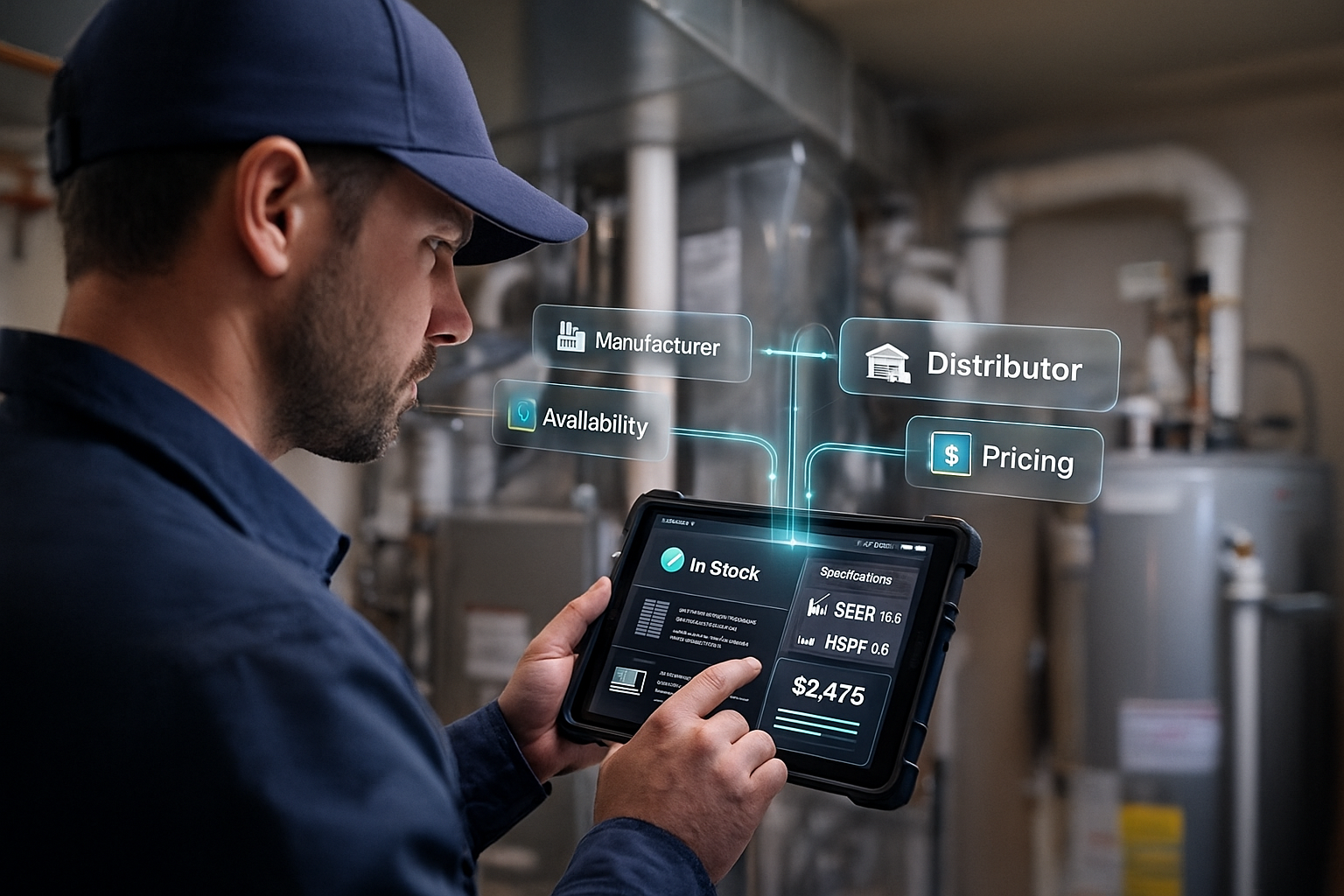 HVAC contractor in home mechanical room using tablet with real-time product data overlay.