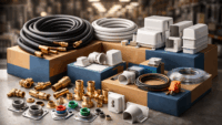 HVACR components including line sets, brass fittings, line set covers, and accessories arranged together on a distributor counter, representing cooperative supplier networks