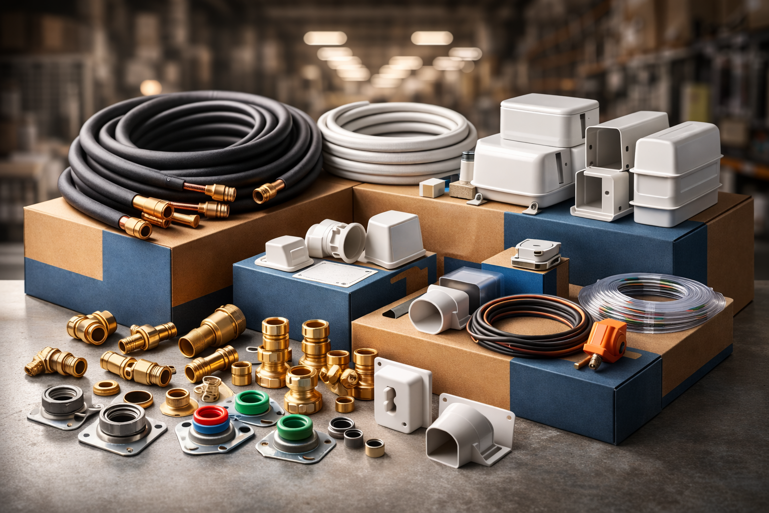 HVACR components including line sets, brass fittings, line set covers, and accessories arranged together on a distributor counter, representing cooperative supplier networks