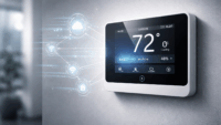 Connected HVAC controller with cloud connectivity icons representing smart HVAC privacy and data collection concerns in the supply chain