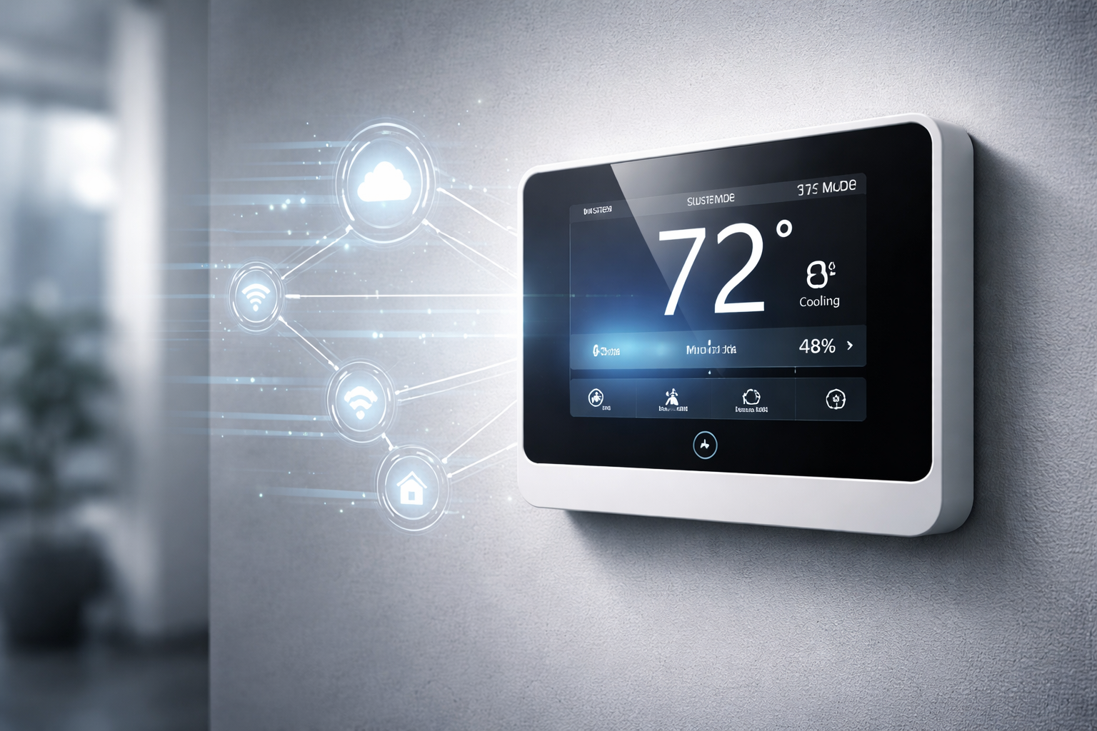 Connected HVAC controller with cloud connectivity icons representing smart HVAC privacy and data collection concerns in the supply chain
