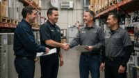 HVAC distributor reviewing product line lineup with manufacturer rep