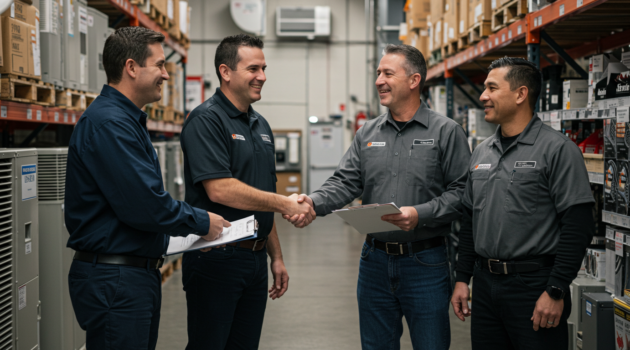 HVAC distributor reviewing product line lineup with manufacturer rep