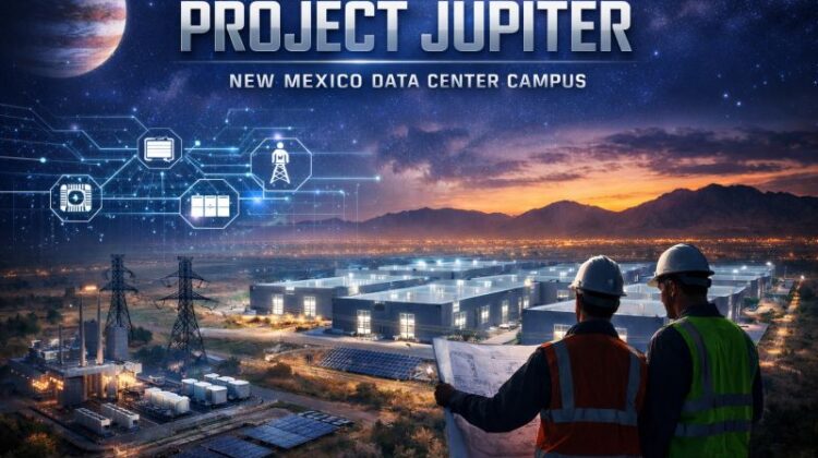 HVAC contractors reviewing plans at a large-scale construction site representing Project Jupiter trades workforce opportunity