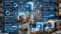 AI in distribution dashboard overlay showing HVACR warehouse operations and inventory data
