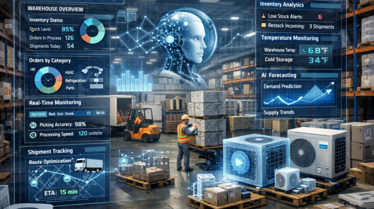 AI in distribution dashboard overlay showing HVACR warehouse operations and inventory data