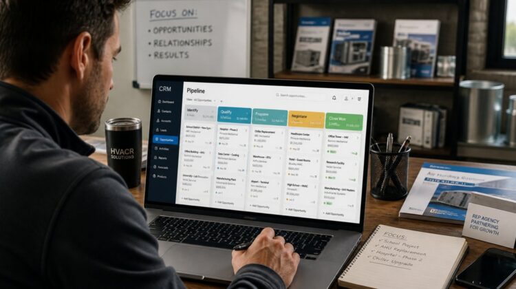 Sales rep at desk reviewing CRM pipeline data on a laptop, representing CRM for rep agencies